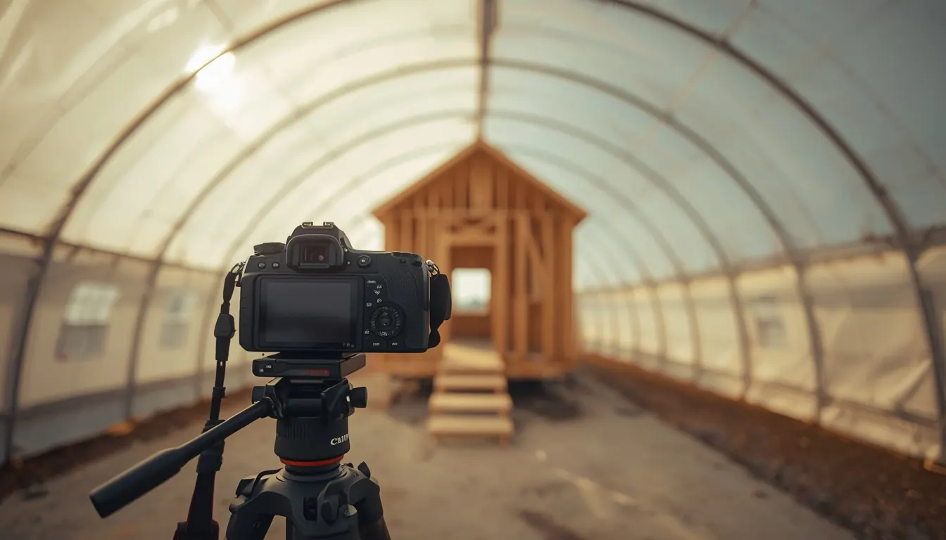 Camera on a tripod facing a build in progress