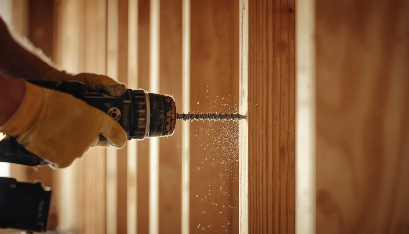 Gloved hands fastening wall framing