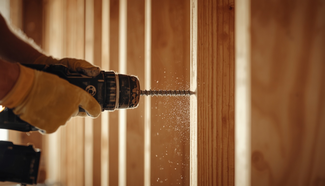 Gloved hands fastening wall framing