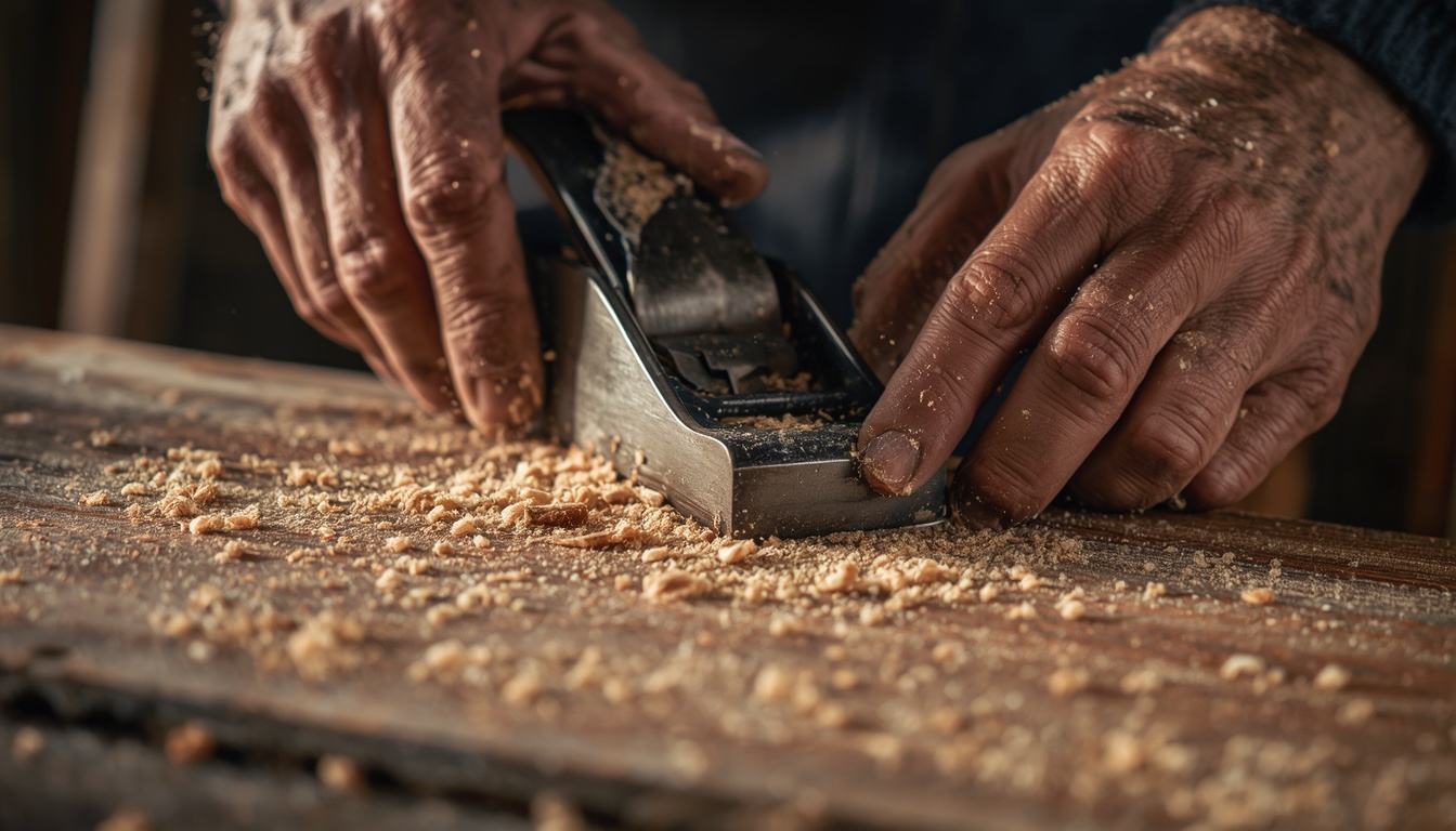Hands planing a cedar board at a workbench