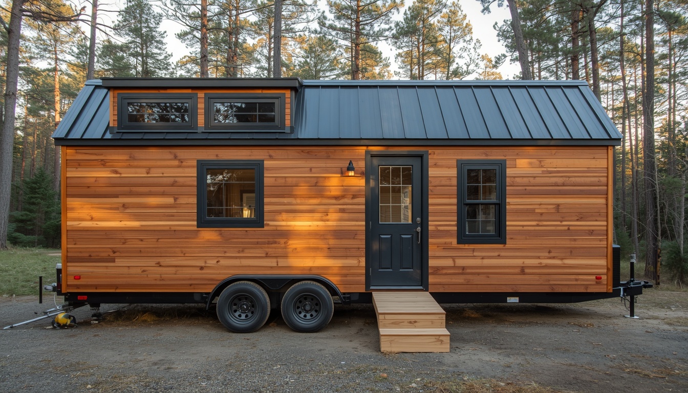 Render — the Vale tiny home on wheels, cedar rainscreen and standing-seam steel exterior, three-quarter view
